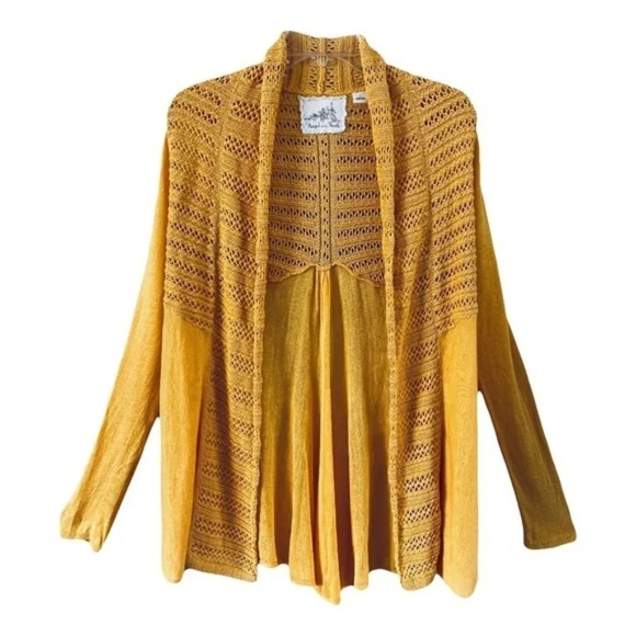Angel Of The North Sweaters - Anthro Angel of the North | Yellow Visionary Linen Blend Crochet Cardigan, Small